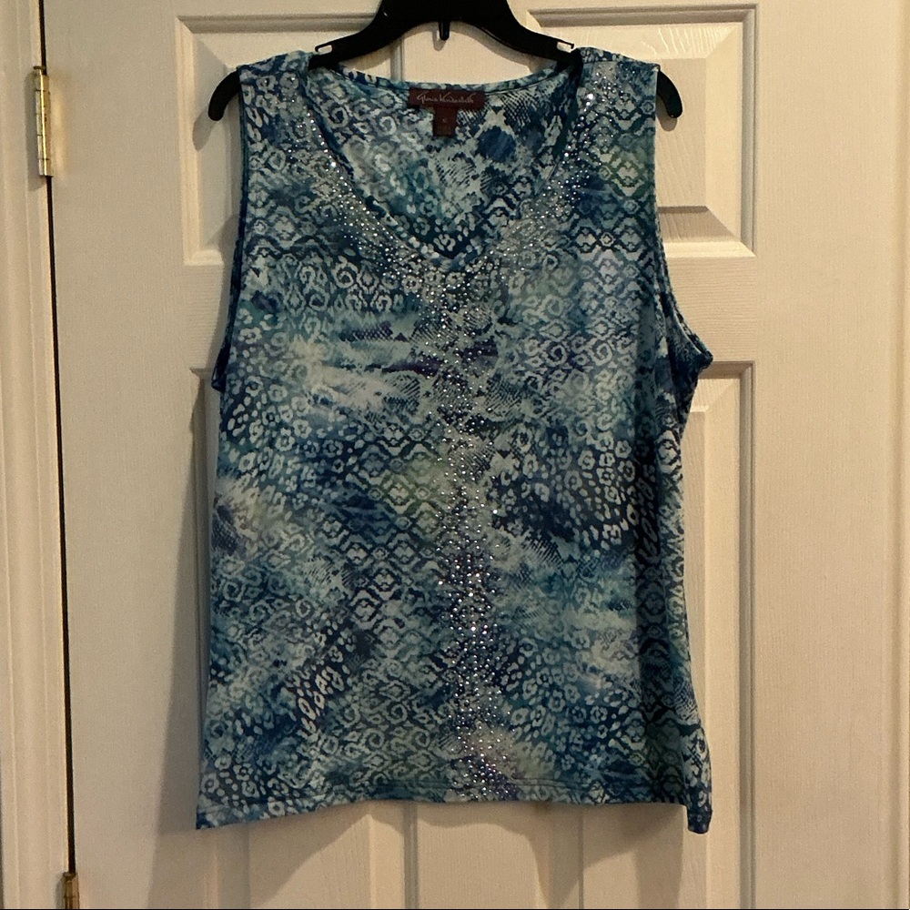 Gloria Vanderbilt Blue Multi-Print Rhinestone V-Neck Tank